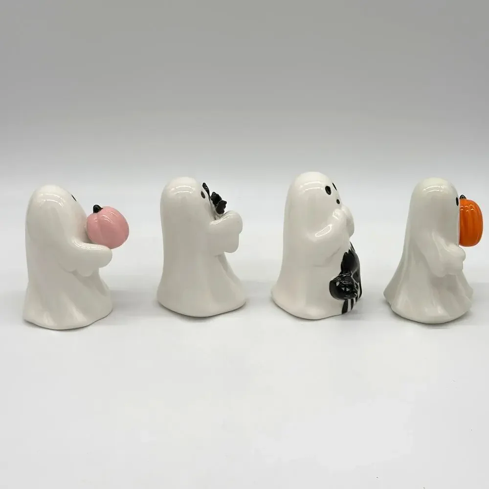 Set of 4 Target Hyde & Eek Ceramic Ghost w/ Pink Pumpkin Bat & Cat Halloween NEW